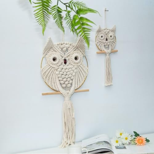 YKAFADE Eule Makramee Wandbehang,Gewebte Böhmische Tapisserie Beige Eulenkunst Wanddekoration 15*45cm Boho Deko Traumfänger Wandteppich für Wohnkultur Büro Wohnzimmer Schlafzimmer Handwerk Dekoration