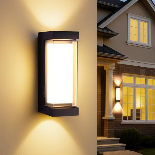 FORNORM Outside Wall Lights Mains Powered, Up and Down Front Door Lights 16W, IP65 Waterproof External Lamp Porch Light Front Door Wall Sconce (Black-Square, 1 Pack)