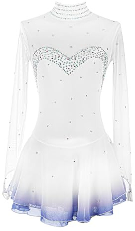 XIUWOUG Vestito da Pattinaggio Artistico su Ghiaccio Professionale, Abiti da Pattinaggio a Rotelle per Donne, Balletto Danza Bambina, Artistico Ginnastica, Bianco Blu sfumato,Bianca,XXXL