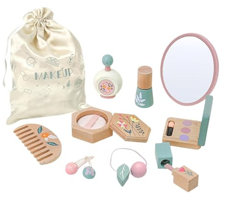 Amagogo Kit de Maquillaje de Princesa para niños, Juego de simulación, Peine, Espejo, Juego de Maquillaje de Madera, de Maquillaje, Set de Belleza para niñas