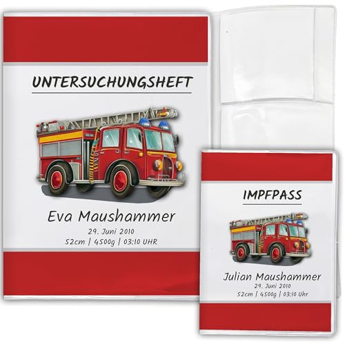 Personalisierte U-Heft Hülle & Impfpasshülle, 3-Teilig, Feuerwehr | Set 2-teilig oder 3-teilig, mit Name & Geburtsdaten, Geschenk zur Geburt