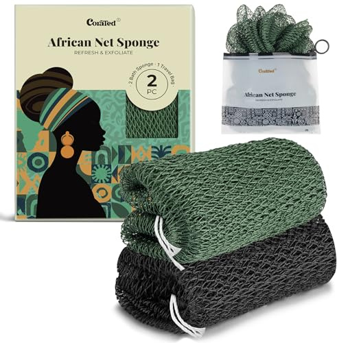 CORATED 2pcs African Exfoliating Net Sponge - Bath & Shower Net Sponges, Scrubbing Net Body, Beauty Skin Cleaning for Shower SPA Massage (Black & Dark Green)
