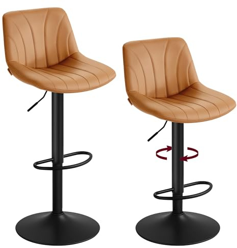 VASAGLE Sgabelli da Bar, Schienale, Sedie da Bar Regolabili in Altezza, Girevoli a 360°, Poggiapiedi Metallo, Sala da Pranzo Cucina, PU, Set di 2, Marrone Caramello LJB181KN01