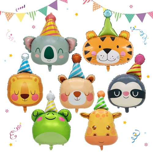 7 Stück Tierkopf Folienballon, XXL Folienballons Tiere Geburtstag | Tierkopf Folienballon,Dschungel Safari Luftballons, Waldtiere Helium Ballon, für Junge Mädchen Geburtstagsdeko, Party Animals