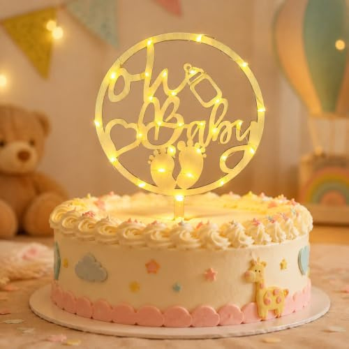 Seutgjie Oh Baby Cake Topper Holz Babyparty mit LED Licht | Kuchen Deko Babyparty Tortendeko, Kuchenstecker für Baby Shower Eine Windeltorte Gender Reveal Partydeko