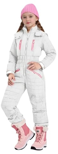 TYUSGH Traje de nieve para niñas, overol de esquí para adolescentes, cálido, todo en uno, abrigo acolchado, traje de nieve para deportes al aire libre, blanco, 7-8 años