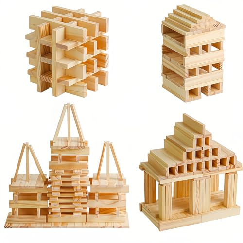 100er Holzbausteine Natur, Archimedes Bausteine Wissenschaftsspielzeug DIY 3D Puzzle STEM-Lernspielzeug Holzstapelspiel Steckbausteine Montessori Spielzeug Basteln Geschenk für Junge und Mädchen