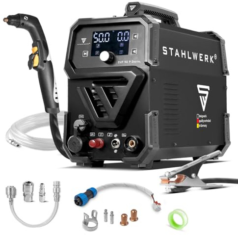 STAHLWERK Découpeur plasma CUT 50 P Digital – Poste de découpe plasma 50 A, capacité de coupe jusqu'à 20 mm, amorçage pilote HF, interface THC pour contrôle de hauteur CNC, Inverter Plasma Cutter