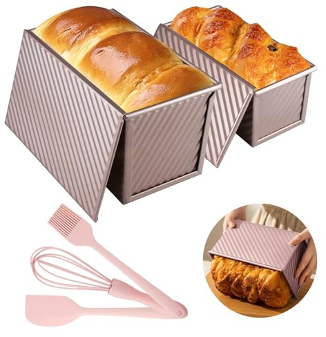 inodiref 2 Piezas Moldes Para Pan Con Tapa Antiadherente Molde Pan De Molde | Molde Para Pan De Molde Con Tapa, Con Tres Accesorios, Acero Al Carbono Corrugado, Para Hornear Tostadas Pan