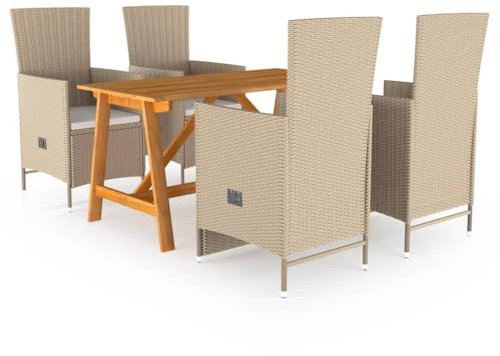 Ziaphsol 5-TLG. Trädgårdsmatgrupp beige med bord, stolar och stolar av akaciaträ, PE-rotting och stål, väderbeständig, hållbar, lättvårdad, perfekt för terrass, balkong och trädgårdsmöbler