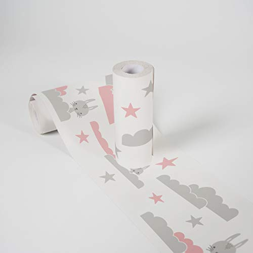 A.S. Création Lovely Kids Bordüre selbstklebend Dreamy Bunny Wandbordüre mit niedlichen Hasen, Wolken und Sternen für Babyzimmer Wandtattoo für Mädchen und Jungen in weiß, rosa, grau