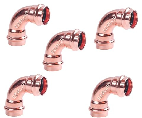 (5Pc) EZ-FLUID Plumbing Heavy Duty 1 Press x Press LF Propress Copper 90 Degree Elbow Press Copper Fitting w/Propress Pipe Connection,Residential,Commercial