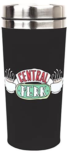 FRIENDS - Mug de Voyage 450ml/ 15,5oz - Noir - Acier Inoxydable à Double Paroi - Contrôle de la Température Jusqu'à 5 Heures - Doté du Logo Central Perk et d’un Couvercle à Visser