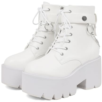 CYNLLIO White Platform Ankle Boots for Women Combat Chunky Wedge Heel Boots Rave Goth Lace Up & Zipper Booties Punk Chain Shoes for Festival Concert Cosplay Party Size 7