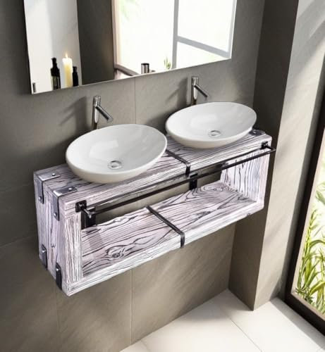 CHYRKA® Mobile lavabo sospeso (160x28 cm H=40 cm, Colore Bianco) BORYSLAW-BAD mobile bagno pensile base lavabo soppalco legno vintage metallo naturale fatto a mano