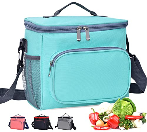 BOCHION Lunch Bag, 10L Large Insulated Lunch Bag for Women Men, Reusable Cool Bags with Adjustable Shoulder Strap and Multiple Pockets, Waterproof Leakproof Cooler Bags for Work/Travel/School (Green)