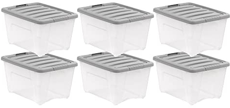 Amazon Basics Plastic Storage Containers with Secure Latching Lids, Stackable Organization Bins, Clear/Grey, 32 Quart, Set of 6