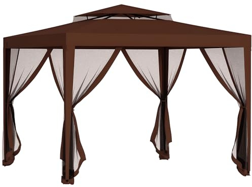 Outsunny Gartenlaube Barnum 3L x 3l m mit 4 abnehmbaren Moskitonetzen - Doppeldach - braun
