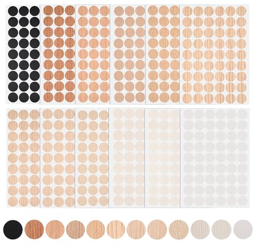 Worahroe Screw Hole Stickers 12 Sheets 648 Pcs 21mm PVC Round Self-Adhesive Cover Caps with Wood Texture Multi-Oak Color