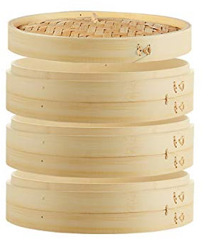 ANSNOW Vaporera de Bambú, 3 Jaulas Y 1 Tapa Profundidad Interna 6 cm para Cocina Tradicional para Arroz Dim Sum Verduras Carne Y Pescado Al Vapor/27Cm