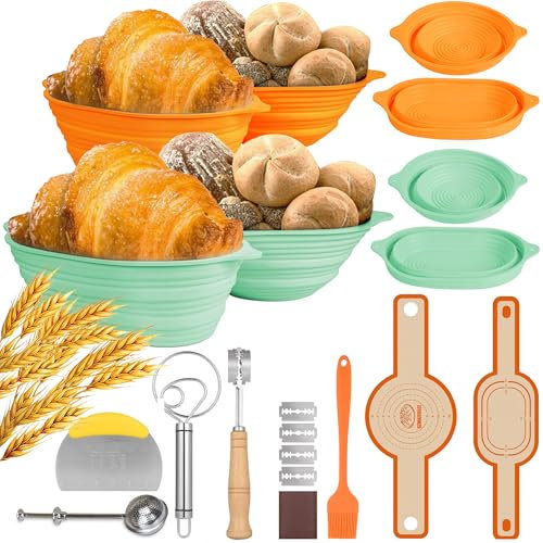 11 Pcs Silicone Bread Proofing Baskets Set 9 Inch Round and 10 Inch Oval Foldable Sourdough Baking Basket, Bread Making Kits for Starter Professional Baker (Orange & Green)