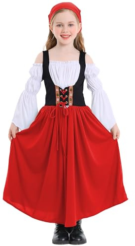SEAUR Kinderdirndl zum Bayerisches Oktoberfest Mädchen Dirndlkleid mit Trachtenbluse und Dreieck Kopftuch Trachtenkleid Schulterfrei Ausgestellte Ärmel Falsches zweiteiliges Dirndl - XL - 152-158