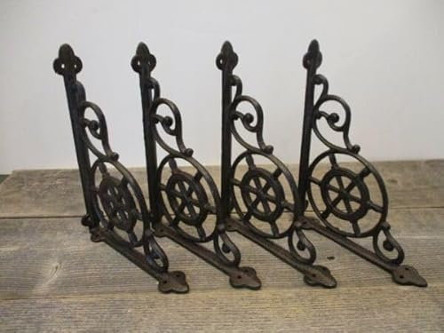 For 4 Cast Iron Ship Wheel Nautical Braces Shelf Bracket RUSTIC Corbels Vintage Book for Wall Shelving, Decorative Vintage Antique Style Design, home decor, Farmhouse, Home decor