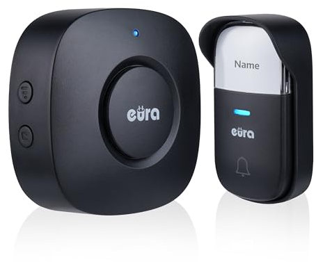 Campanello senza fili EURA WDP-52A3 - cinetico, senza batteria, ampliabile, 230 V CA, 38 melodie, portata fino a 200 m, IP55, portanome - nero