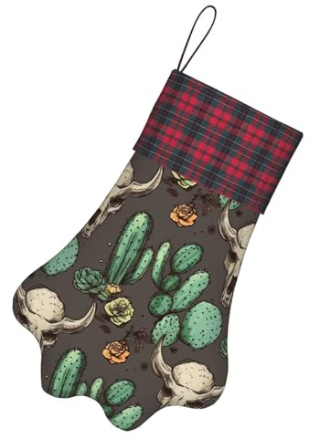JHLMN Chaussettes de Noël personnalisées pour les vacances à suspendre - Grand bas de cheminée - Tête de mort de taureau et cactus mignon - Décorations de Noël - Sacs à friandises pour fête de famille