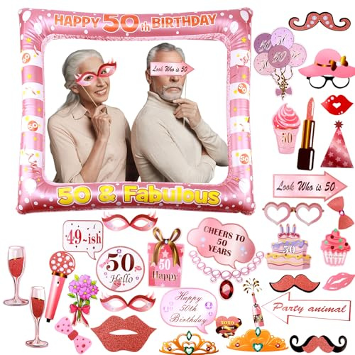 ORUZA 50. Geburtstag Foto Requisiten, 33 Stück Rosa Photo Booth Props Dekoration Accessoires, Geburtstag Accessoires für Geburtstagsfeier Lustige Party Requisiten Selfie Requisiten Geburtstag Deko