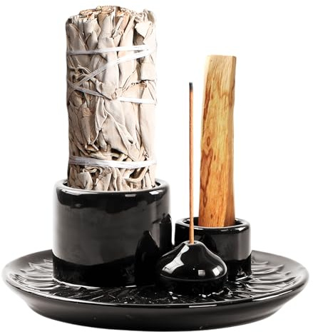 Soporte De Incienso De Cerámica 4 en 1 Porta-Inciensos, Porta Incienso Palo Santo Quemador De Incienso Soporte para Incienso Cuenco De Incienso Soporte Incienso Varilla para Meditación, Yoga, Negro