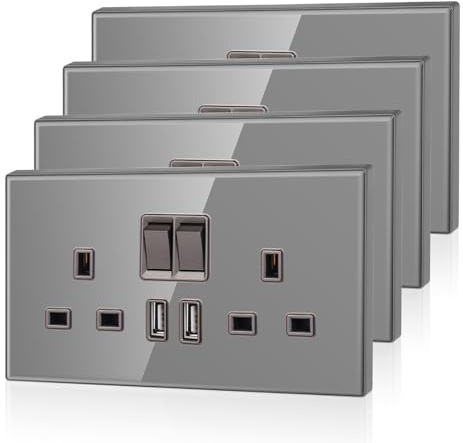 4 Pack CNBINGO Glass Double Switched Power Socket with 2 USB-A Charging Ports (2.1A Output), Electric Power Sockets 2 Gang 13 Amp, Grey Double Wall Outlet with Tempered Glass Panel | 2 Gang 13 Amp Electric Power Socket, Switch Control Power, UK standard, Glass Panel, Screwless, Easy DIY Install
