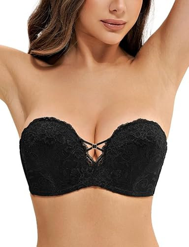 Deyllo Damen Push Up Trägerloser BH Große Größen mit Unsichtbare Eingebaute Bügel, Spitzen Schalen BH Ohne Träger mit Anti-Rutsch Band für Rückenfreies Kleid Schwarz 75D