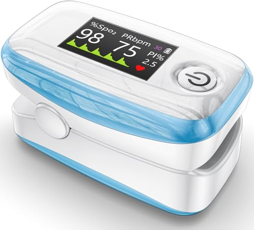 Alecaremed YM504 Pulse Oximeter, 4 Color TFT-OLED 20 × Memory Oxygen Monitor Fingertip, Blood Oxygen Saturation Monitor with Alarm, Batteries and Lanyard (Blue)