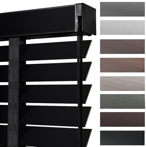 Wooden Blinds for Windows Conservatory Faux Wood Attic Window Venetian Blind 50mm Slats with String Bathroom Easy Fit Curtains Aluminium Headrail Waterproof Home Office Kitchen(Matt black)