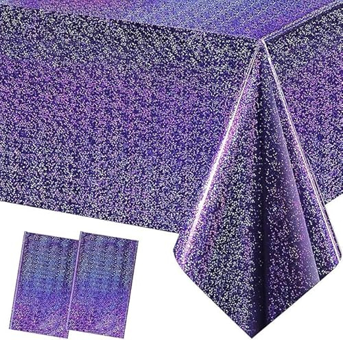 MORAINJAY 2 Stück Laser Holografisch Tischdecke Lila Rechteckige Wasserdicht Glitzer Tischtuch, 137x274cm Folie Plastik Tischdecken für Party Geburtstag Hochzeit Dekoration Metallische Tischfolie
