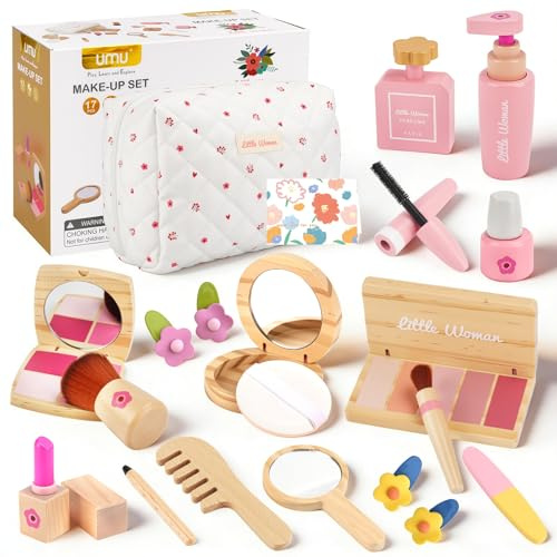 KIMIGO Holz Kinderschminke Set Mädchen,Kinder Schminke Makeup Spielzeug Rollenspiel Beauty Set,Kinder Schminkset aus Holz,Hölzerne Spielzeug Weihnachtsgeburtstagsgeschenk,Geeignet für 3+Jahre