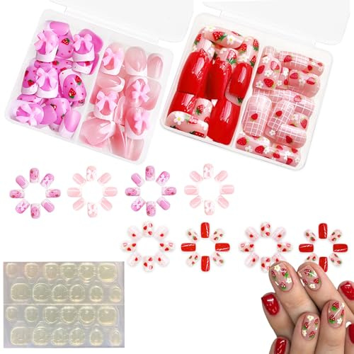 96-Piece Short Square Press-On False Nails, French Tips, Pink, 2 Cases | Strawberry, Checked And Floral Patterns, Raised Bow Details, Adhesive Tabs, For Home Manicures, Parties And Birthdays