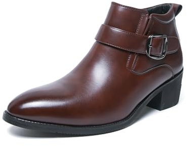 ENWIND Bottes Chelsea pour Hommes À Bout Pointu avec Boucles, Fermeture Éclair Latérale, Talon Bas Épais, Bottines De Style Occidental Formelles,Marron,45 EU