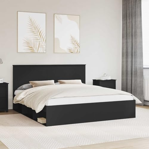 kithwjll Bed Frame Black 200 x 200 cm, Solid Pine and Chipboard, Modern Double Bed with Headboard, Durable Bedroom Frame for 2 People