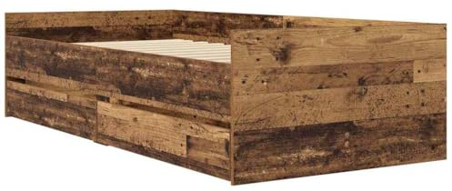 Qnhdfrt Bettgestell 90 x 190 cm aus massivem Kiefernholz, Rustikales Massivholzbett mit Schubladen, Stabiler Bettrahmen für Schlafzimmer, Naturholzoptik, Altholz-Finish