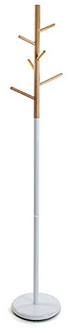 Versa Malmö Perchero de Pie de Estilo Minimalista, con 6 Ganchos o Colgadores para Ropa o Bolsos para el Recibidor, Medidas (Al x L x An) 171 x 28 x 28 cm, Metal y Madera, Color Blanco