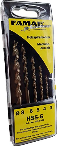 FAMAG Holzspiralbohrersatz 5-teilig D=3,4,5,6,8mm in Kassette, grau