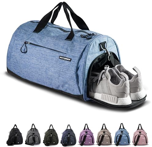 Fitgriff® Borsone Palestra Uomo & Donna V1 - Borsa Sportivo con Porta Scarpe e Tasca Umida da Viaggio, Sport, Fitness, Piscina - Duffel Bag (Light Blue, 48 x 26 x 25 cm (Small))