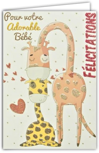 66-1158 Carte avec Paillettes Félicitations aux Parents Heureux - Bienvenu Bébé - Petite Fille - Maman Girafe Animaux Cœurs Roses Mignon - Fabriquée en France