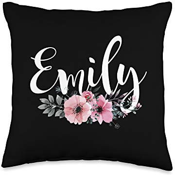 Emily Name Personalized Floral Pink Black Women Girls Gift Throw Pillow