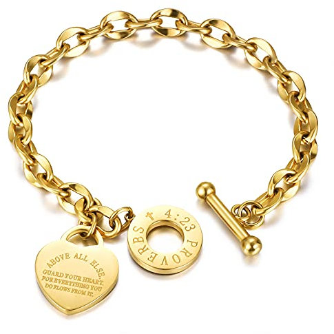 Emibele Heart Initial Bracelets, Engraved Bible Verse Proverbs 4:23 Bracelet Chains with OT Toggle Clasp Bracelet Link Chains for Women Teen Girls, Dainty Link Chain Bracelet Heart Pendant, Gold