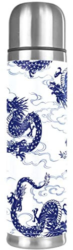 Thermoskanne mit japanischem Drachenmuster, vakuumisolierte Wasserflasche, kompakt, Edelstahl, für Kaffee, Reisen, 500 ml