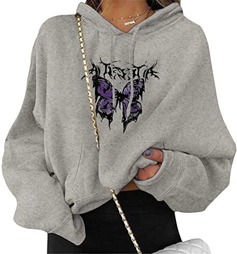 ORANDESIGNE Damen Kapuzenpullover mit Schmetterlingsdruck Teenager Mädchen Harajuku Hoodie Herbst Winter Frauen Pullover Oberteile Langarmshirt mit Kordel und Taschen