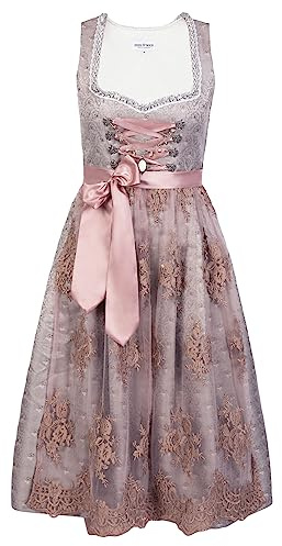 Edelnice Traditionellt mode, lång Dirndl, 2-delad Aurelie silver och ros med spetsljus i olika storlekar (32–56), Silver-beige, 40